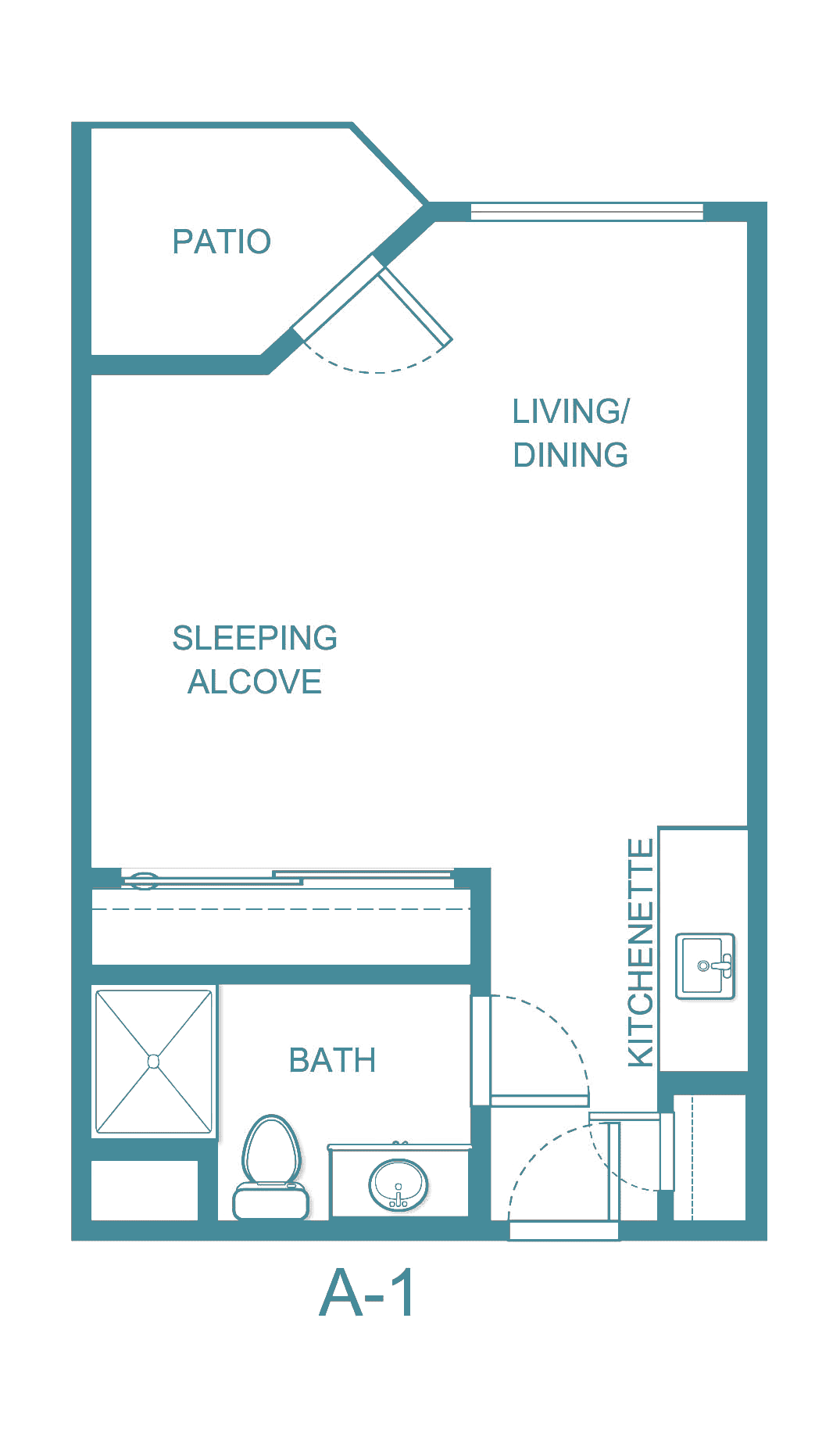 Layout of a studio apartment with a kitchenette, living/dining area, sleeping alcove, and bathroom.