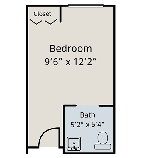 Floor plan showing a bedroom and bathroom with dimensions.