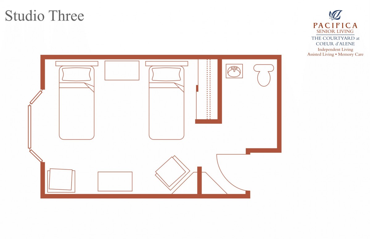 A floor plan of a room featuring twin beds, a bathroom, and basic furniture.