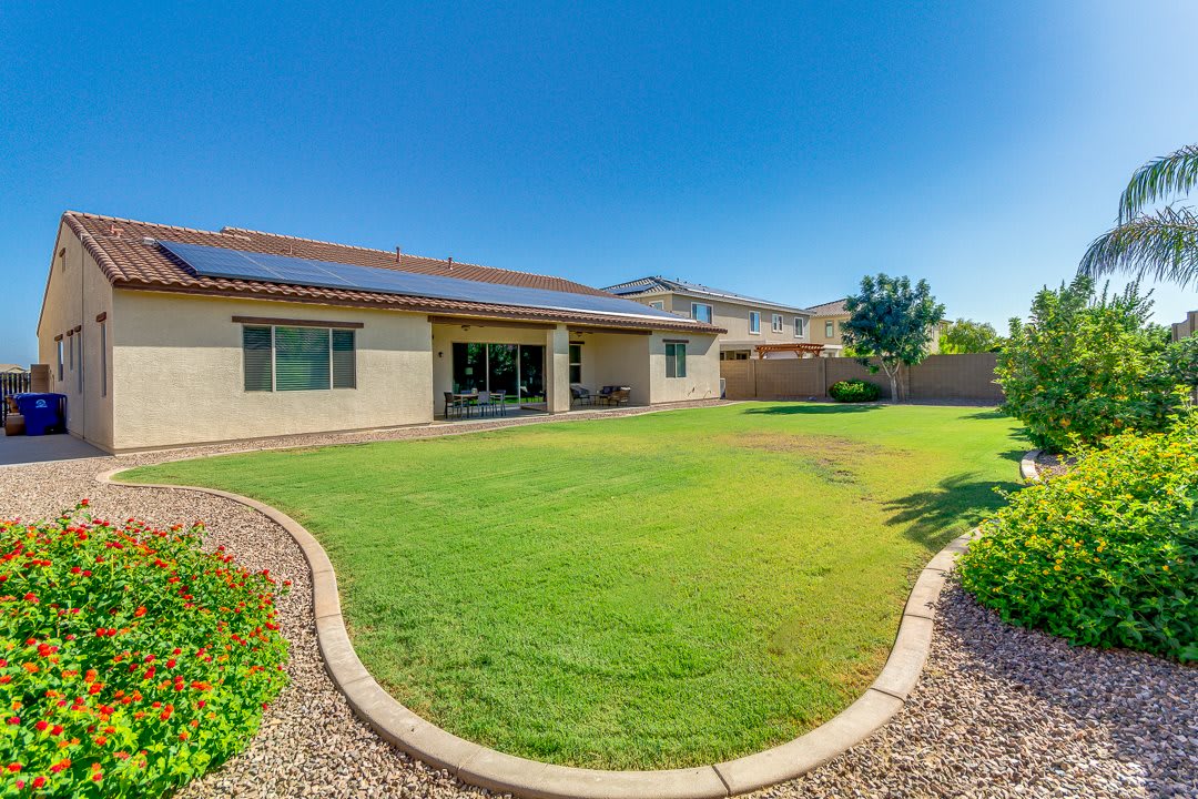 A well-maintained backyard with a green lawn and surrounding landscaping under a clear blue sky.