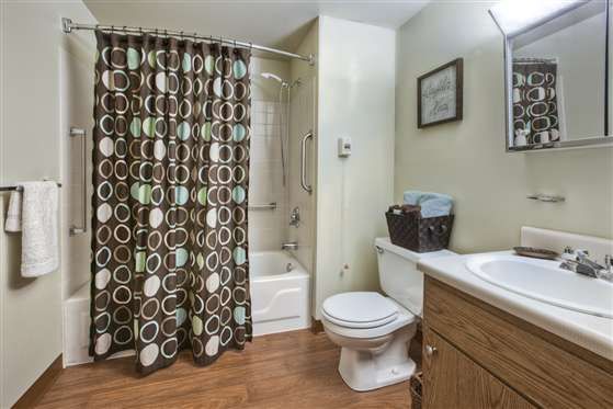 A clean and well-decorated bathroom with a patterned shower curtain and wooden flooring.