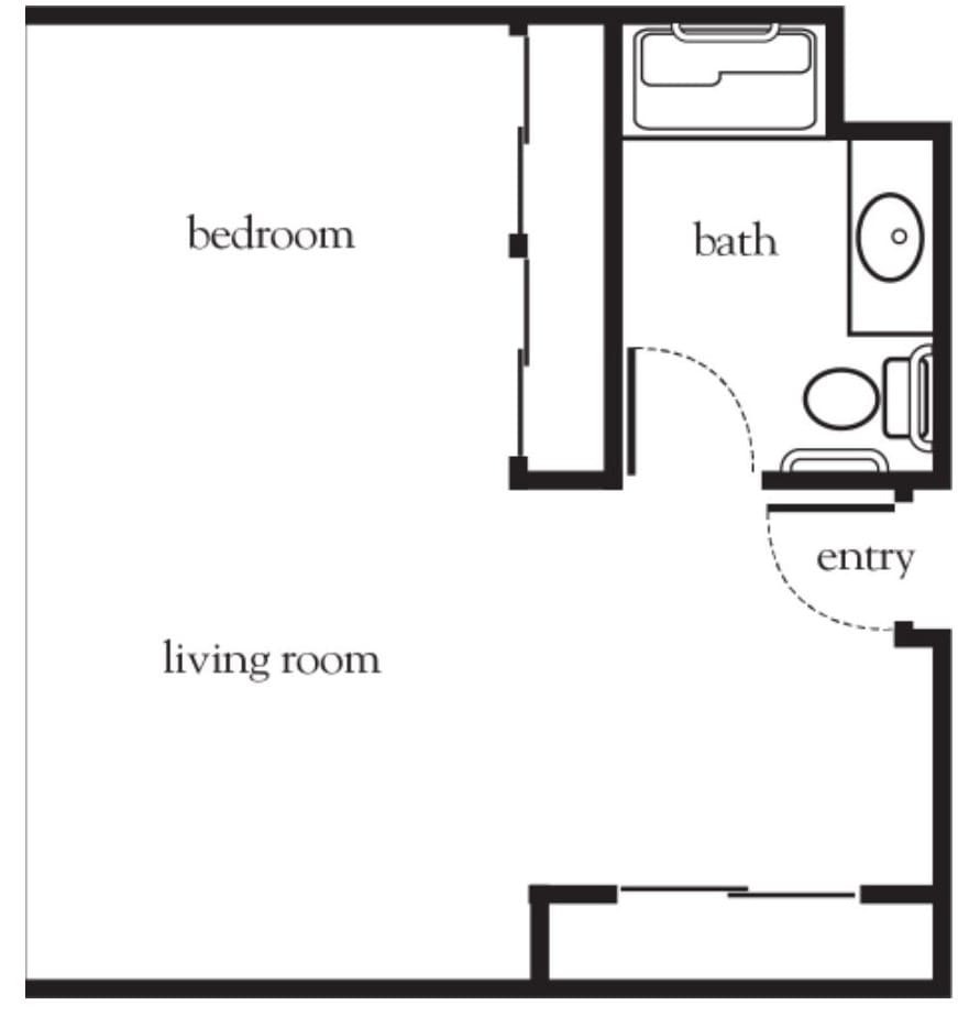Simple floor plan layout of an apartment with a bedroom, living room, bath, and entry.