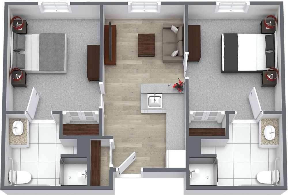 A modern two-bedroom apartment floor plan with a living room, kitchen, and two bathrooms.