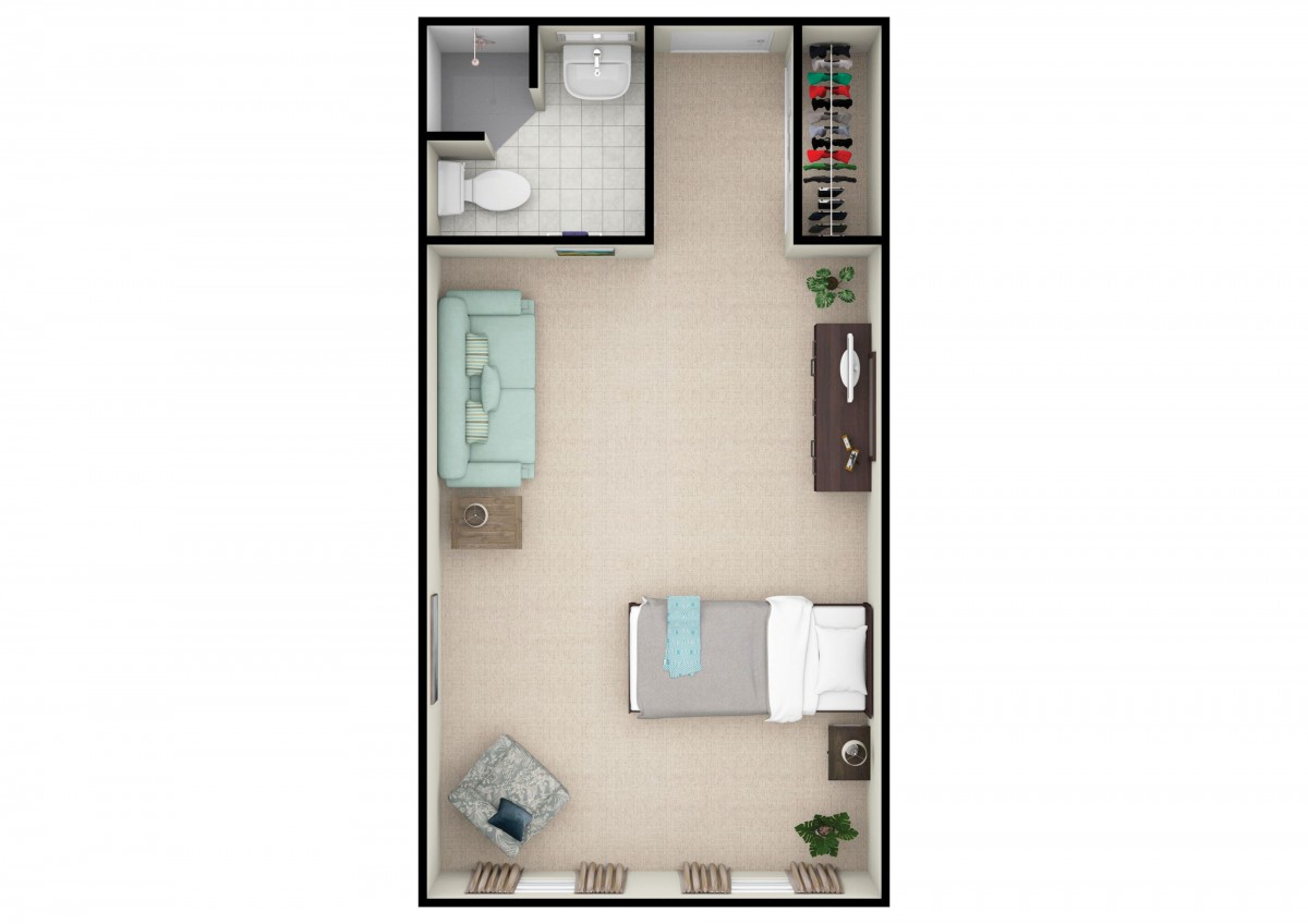 A studio apartment floor plan featuring a living area, single bed, bathroom, and compact kitchen space.