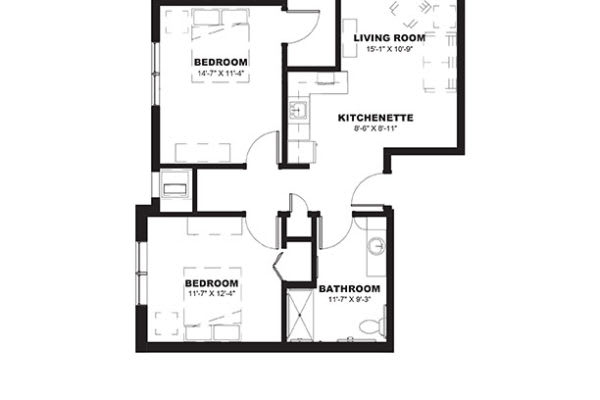 Floor plan of a two-bedroom apartment with a kitchenette, living room, and bathroom.