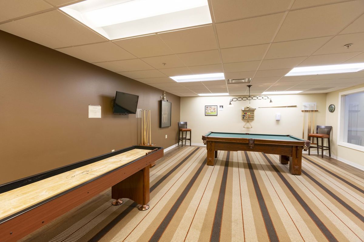 A well-lit game room featuring a billiards table and shuffleboard for recreational activities.