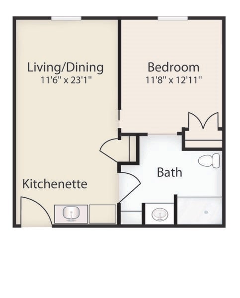 A basic floor plan of a one-bedroom apartment with a living/dining area, kitchenette, and bathroom.