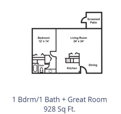 Floor plan of a one-bedroom, one-bathroom apartment with a great room and screened patio, totaling 928 square feet.