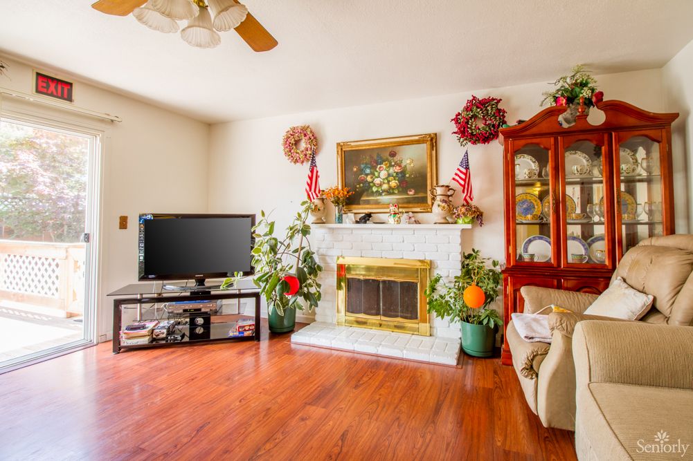 A cozy living room featuring a fireplace, television, and various decorations including plants and artwork.