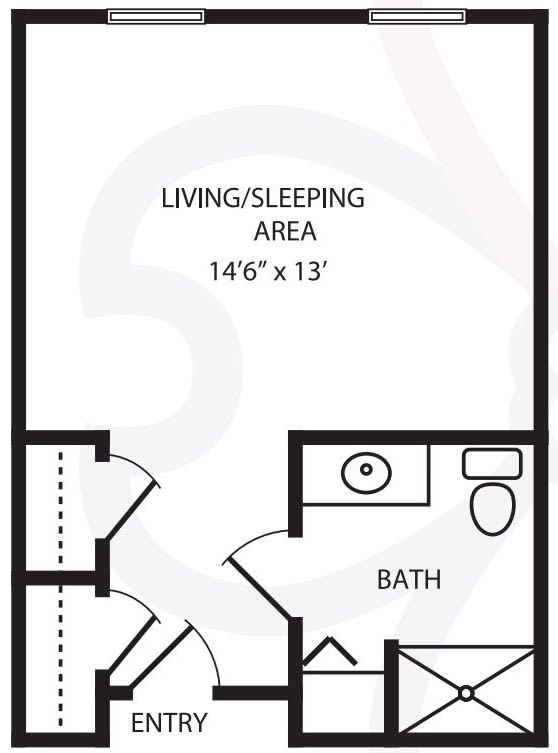 A studio apartment floor plan featuring a combined living and sleeping area and a bathroom.