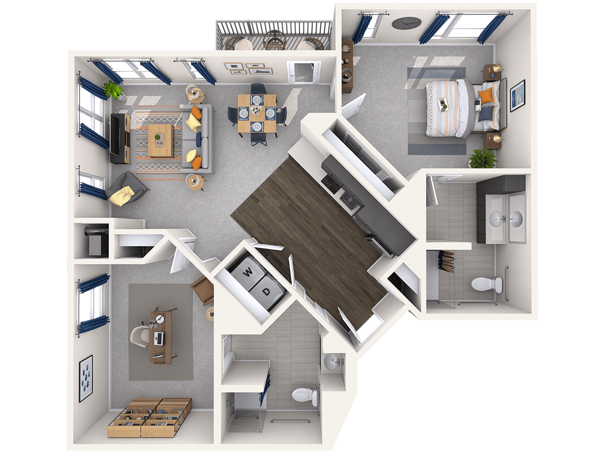A detailed floor plan of a modern apartment layout showing the arrangement of rooms including the living room, kitchen, bedroom, and bathroom.