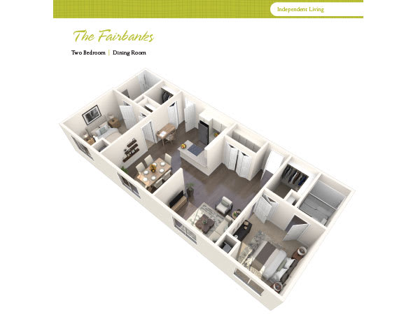 A 3D floor plan of a two-bedroom apartment showcasing its layout and design.