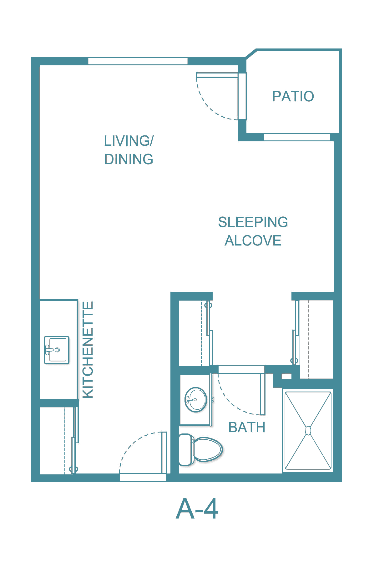 Studio apartment floor plan with living/dining area, sleeping alcove, kitchenette, bathroom, and patio.