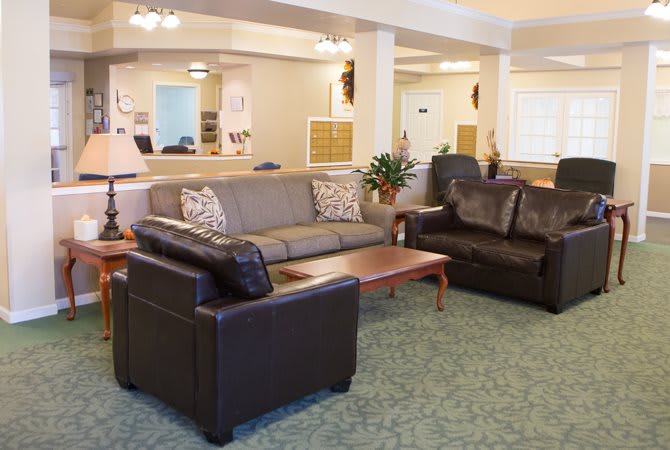 A cozy living room with comfortable sofas and a central coffee table.