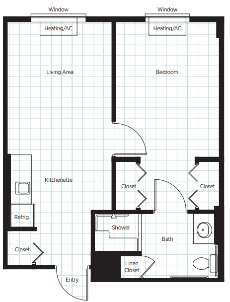 A floor plan of a one-bedroom apartment featuring a living room, kitchen, bathroom, and closets.