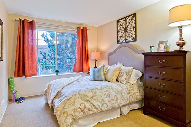 A cozy bedroom with a large bed and decorative pillows, illuminated by natural light from a window with red curtains.