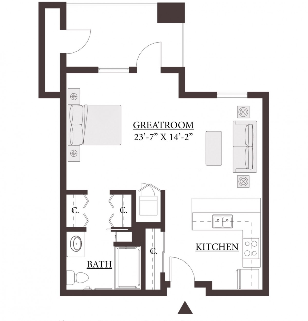 A minimalist floor plan of an apartment featuring a great room, kitchen, and bathroom.