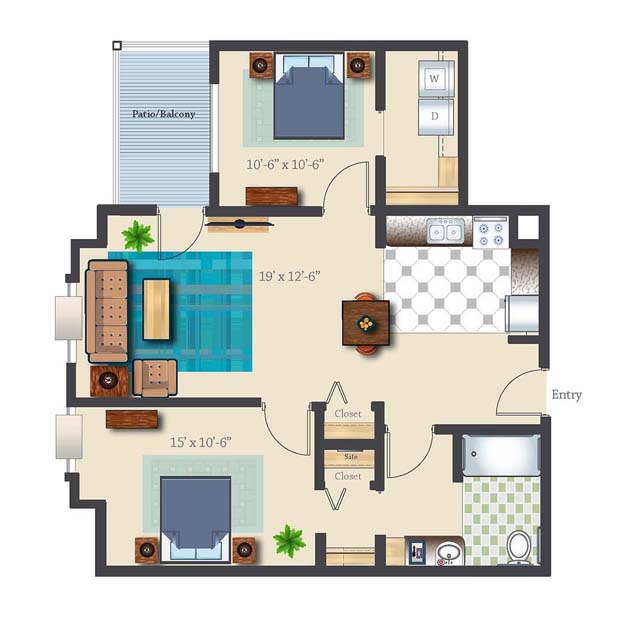 A floor plan of a two-bedroom apartment with a living room, kitchen, bathroom, and balcony.