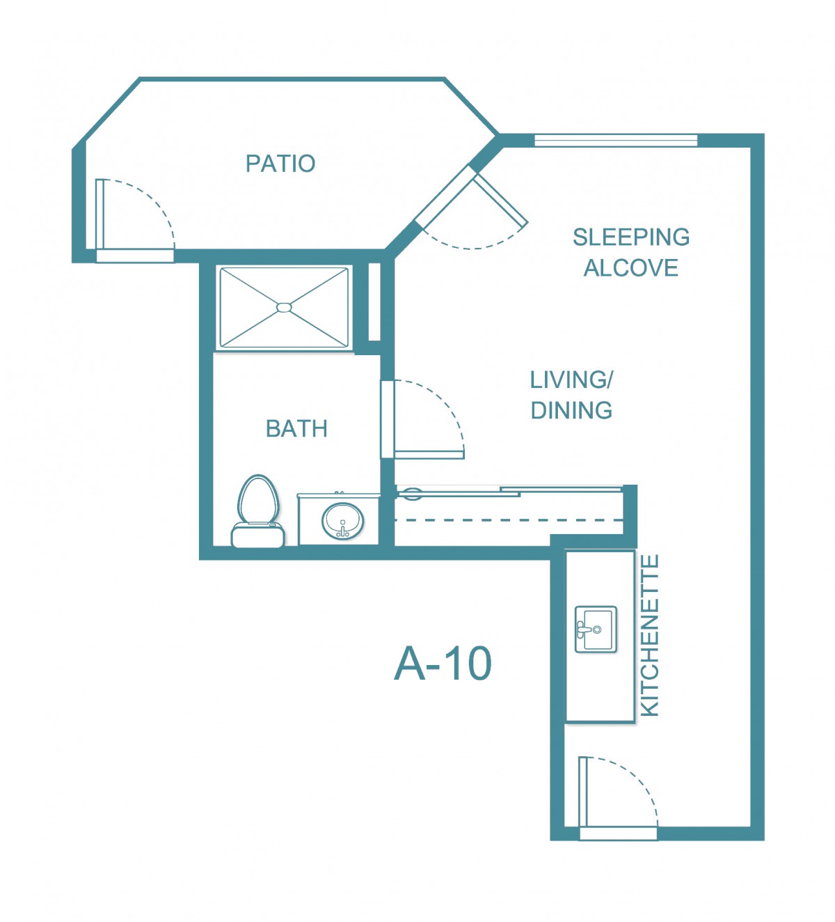 Floor plan of a studio apartment with a patio, bathroom, and living space.