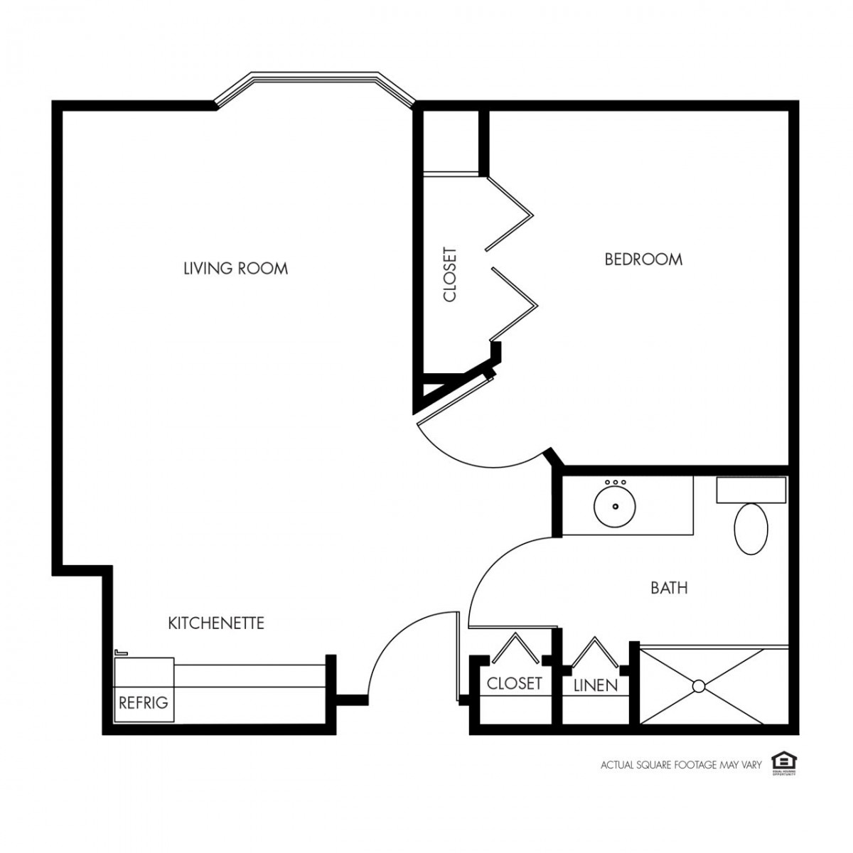 A floor plan layout of a one-bedroom apartment, featuring a living area, kitchenette, bathroom, and storage.