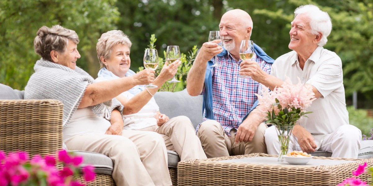 A group of seniors toasting with wine glasses outdoors.