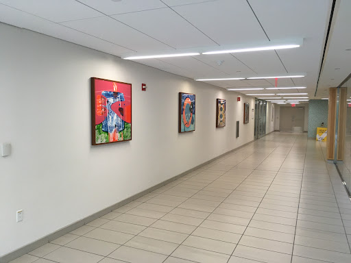 A well-lit hallway featuring various colorful paintings on the walls.