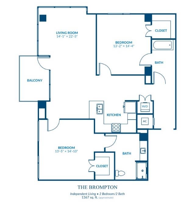 This is a floor plan of a two-bedroom apartment featuring a living room, kitchen, bathroom, and balcony.