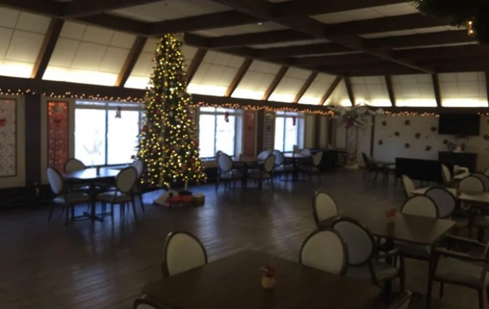 A festive interior with a decorated Christmas tree and seating area.