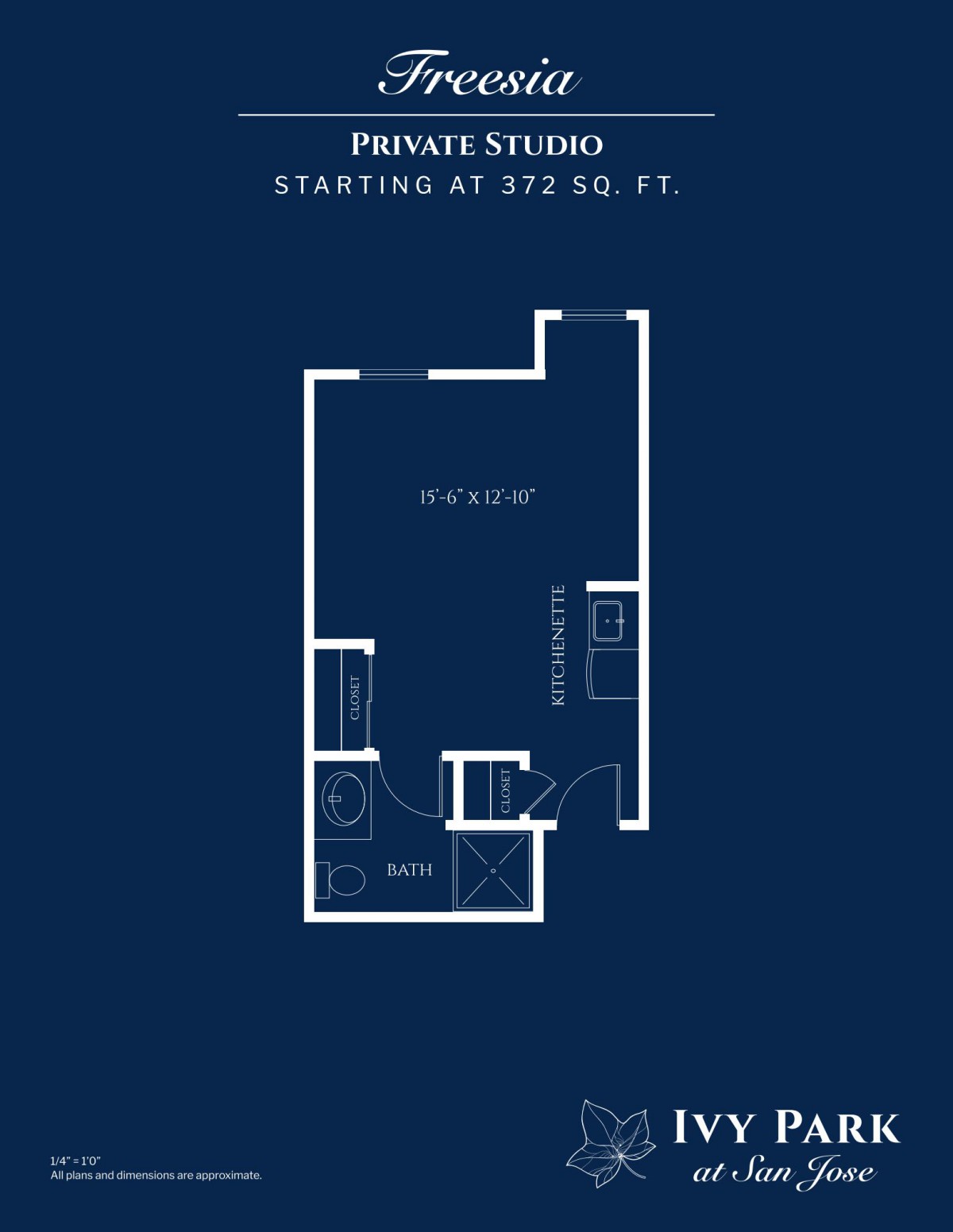 Floor plan of a private studio apartment starting at 332 sq ft.