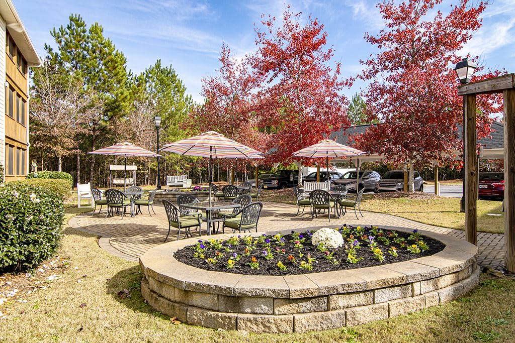 A serene outdoor seating area with tables, umbrellas, and vibrant autumn trees.