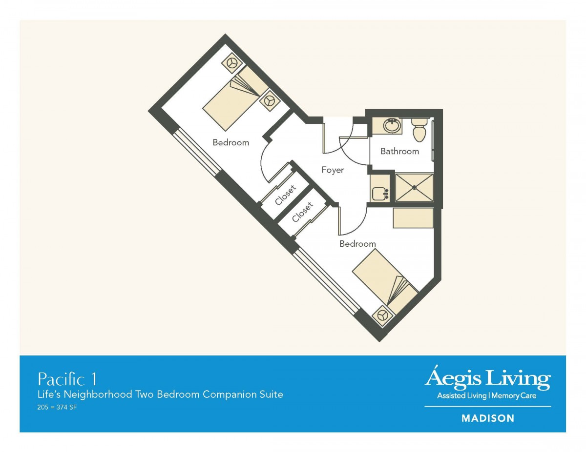 A floor plan of a two-bedroom companion suite at Aegis Living.