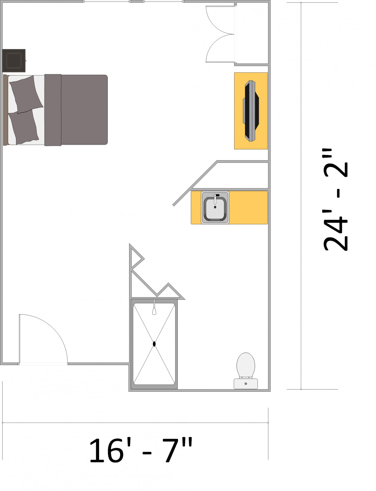 A floor plan showing the layout of a room with dimensions and furniture placement.