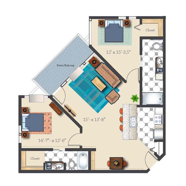 A floor plan of a two-bedroom apartment featuring a living room, kitchen, and bathroom.