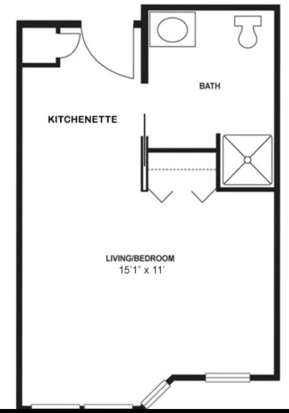 A floor plan of a studio apartment with a kitchenette, bath, and living/sleeping area.