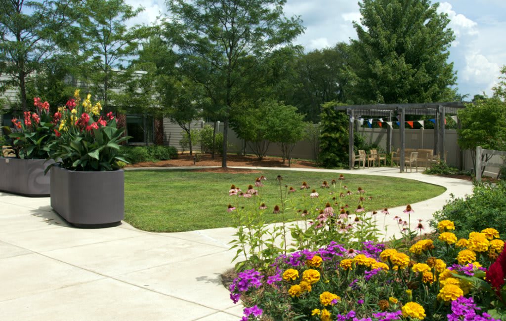 A beautiful garden with vibrant flowers and lush trees surrounding a paved pathway.