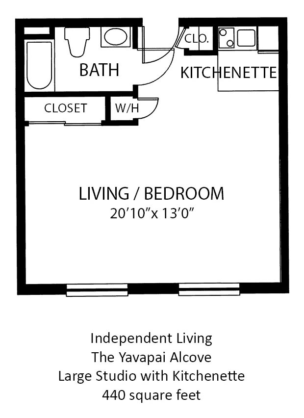 A floor plan of a studio apartment featuring a living/bedroom area, kitchenette, bath, closet, and W/H.