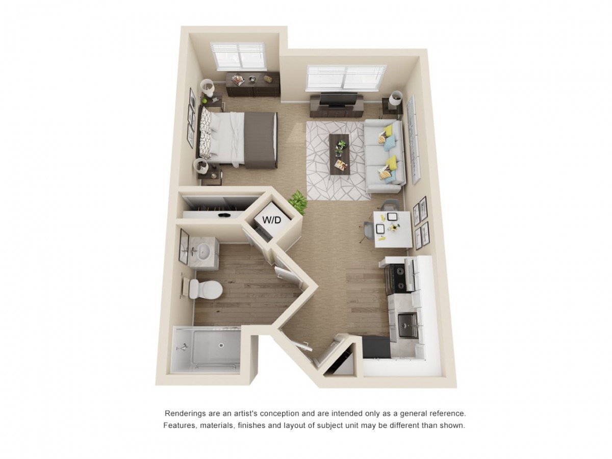 3D floor plan of a one-bedroom apartment with living room, kitchen, and bathroom.