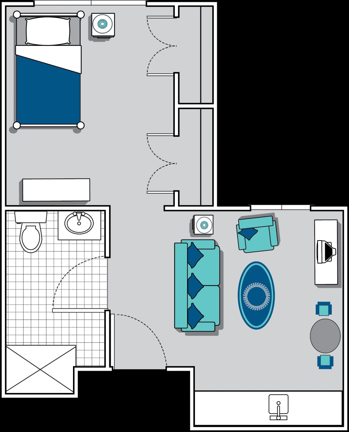 A floor plan of a one-bedroom apartment featuring a living room, bathroom, and bedroom with furniture arrangements.