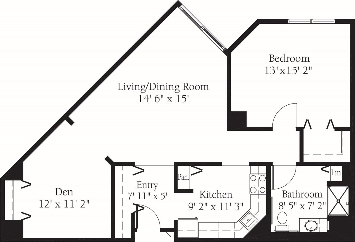 A floor plan of an apartment featuring a living/dining room, bedroom, den, kitchen, entryway, and bathroom with labeled dimensions.