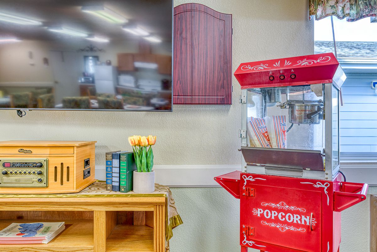 A cozy living space with a popcorn machine, television, and decorative elements.