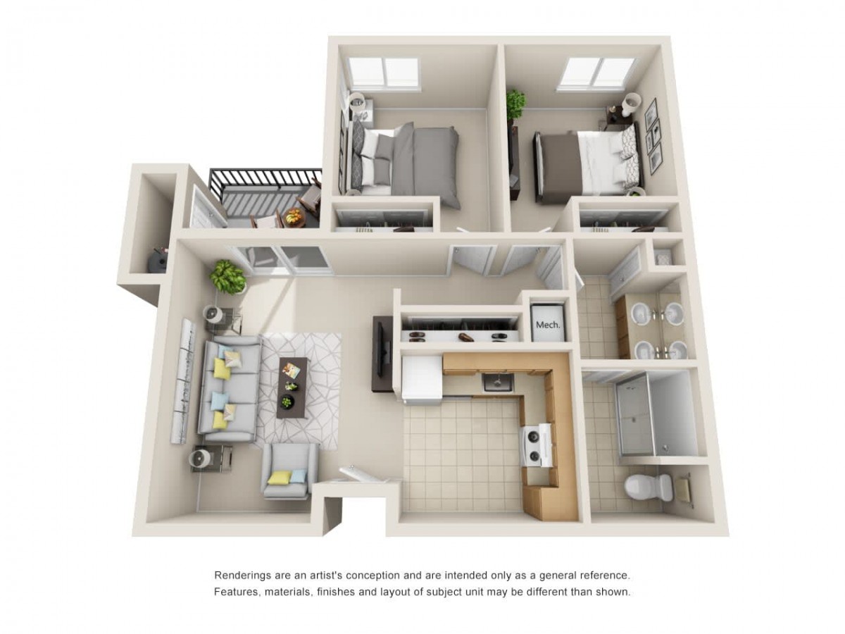 A 3D rendering of a two-bedroom apartment floor plan with a kitchen, living room, and bathroom.