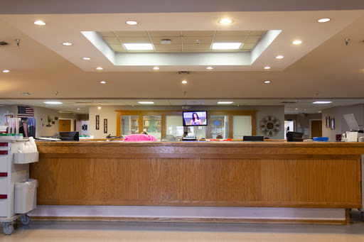 A modern reception area with a wooden desk and bright lighting.
