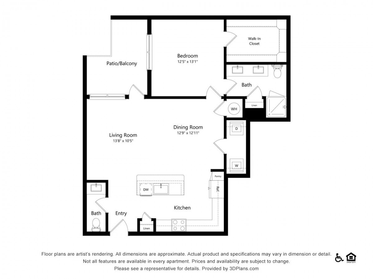 A detailed floor plan of a one-bedroom apartment, showcasing the layout of the living room, dining area, kitchen, and bathroom.