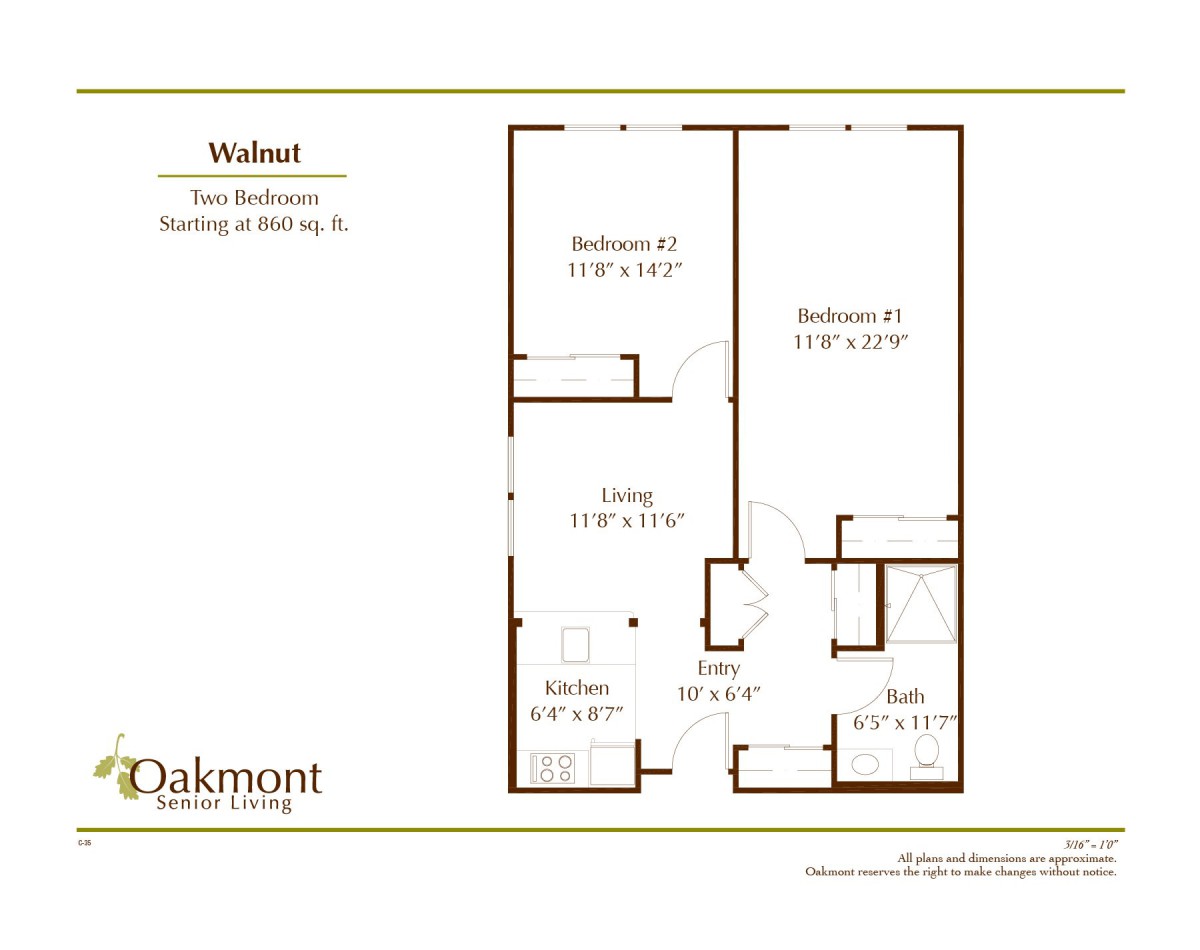 A detailed floor plan of the Maltese unit at Oakmont Senior Living, showcasing its layout and dimensions.