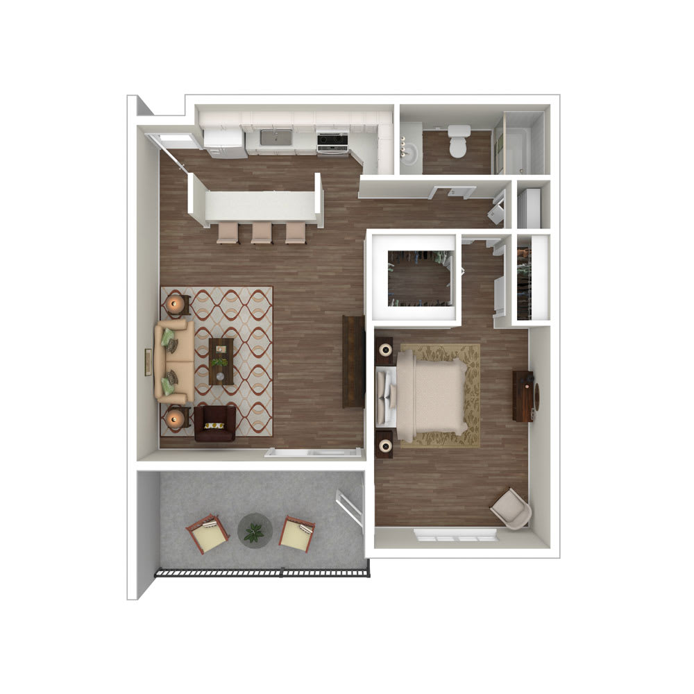 A floor plan of a one-bedroom apartment featuring a living room, kitchen, bathroom, and balcony.