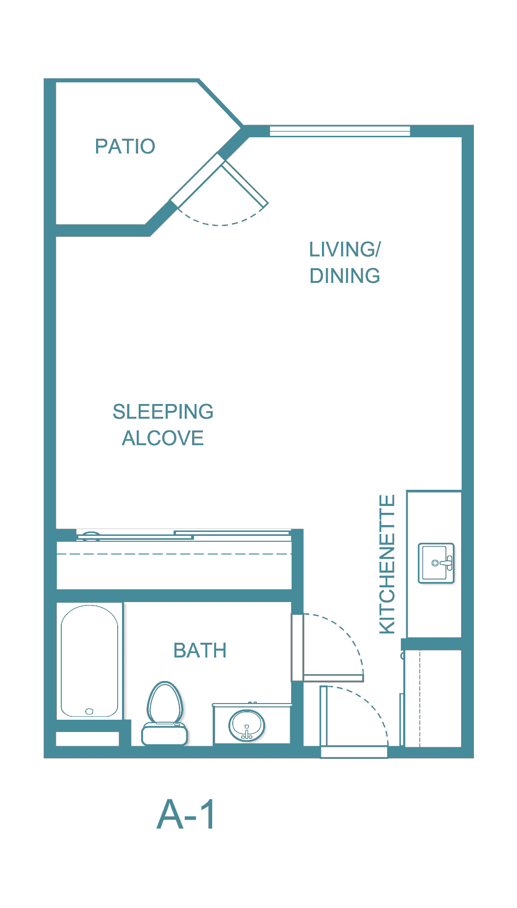 A floor plan of a studio apartment featuring a living/dining area, sleeping alcove, kitchenette, and bathroom.