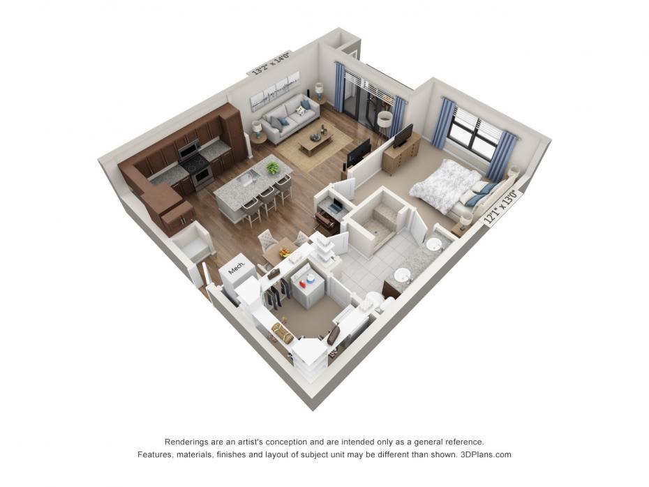 A 3D floor plan of a modern one-bedroom apartment featuring an open concept kitchen and living area.