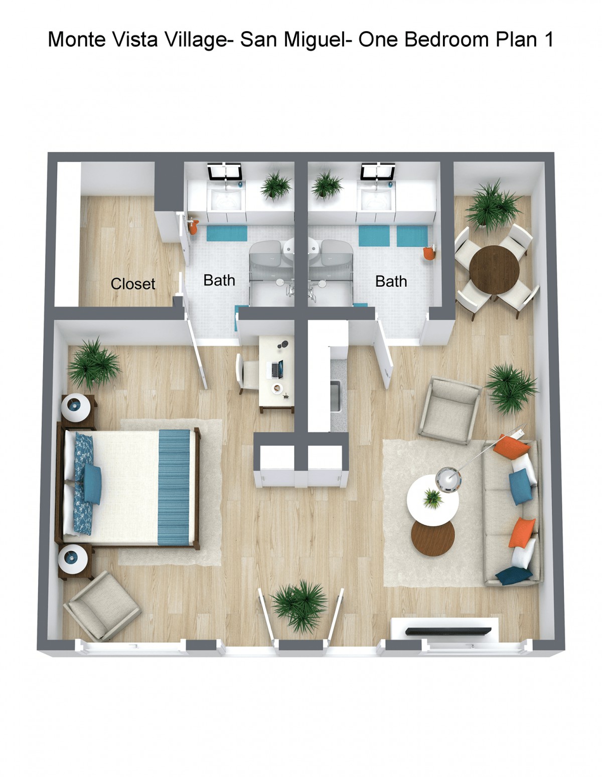 A modern two-bedroom apartment floor plan featuring a spacious living area and two bathrooms.