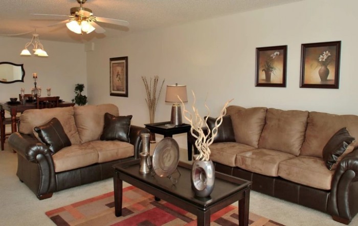 A cozy living room featuring two sofas, a coffee table with decorative items, and framed artwork on the walls.