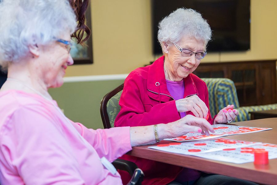 Two elderly women enjoying a game together indoors.